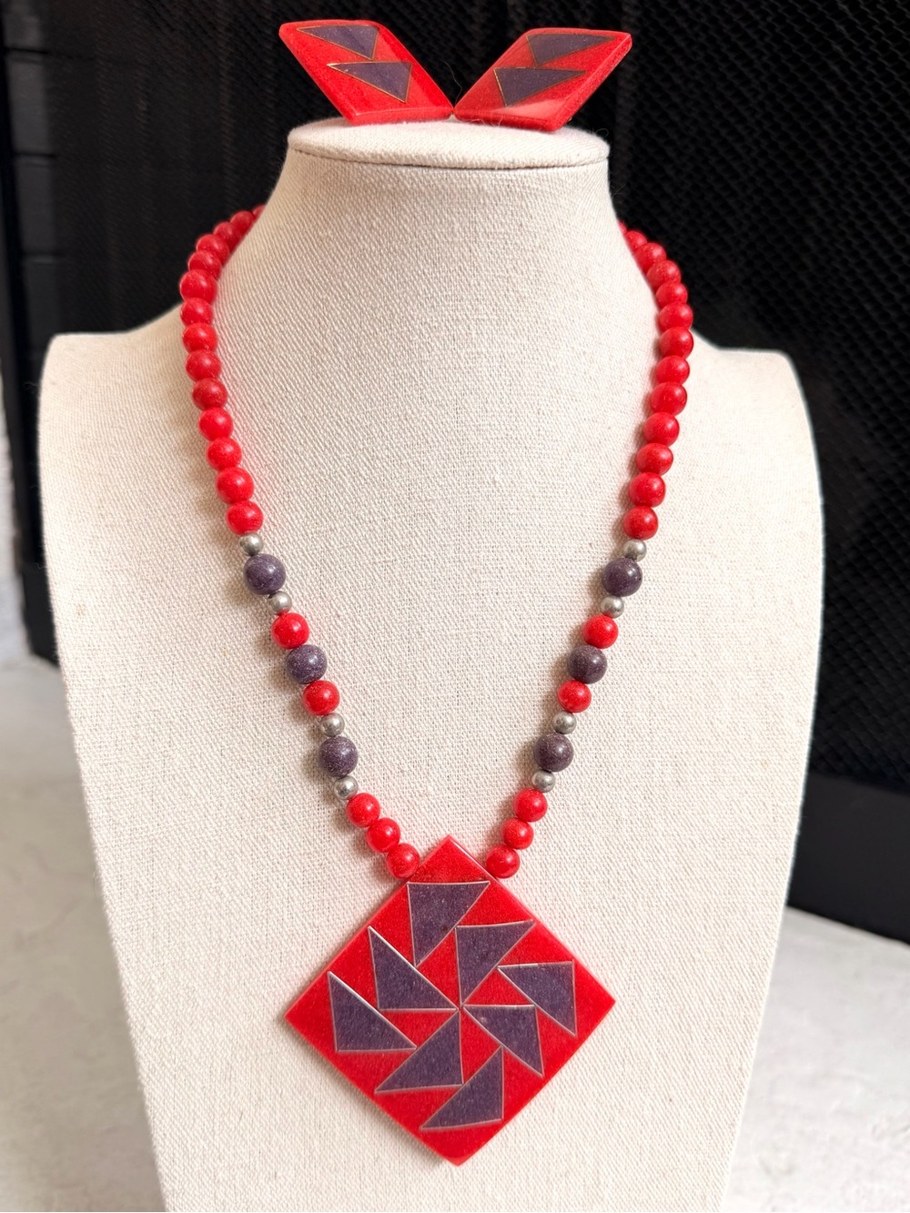 Vintage Karla Jordan Red Purple Geometric Necklace Clip On Earrings Set